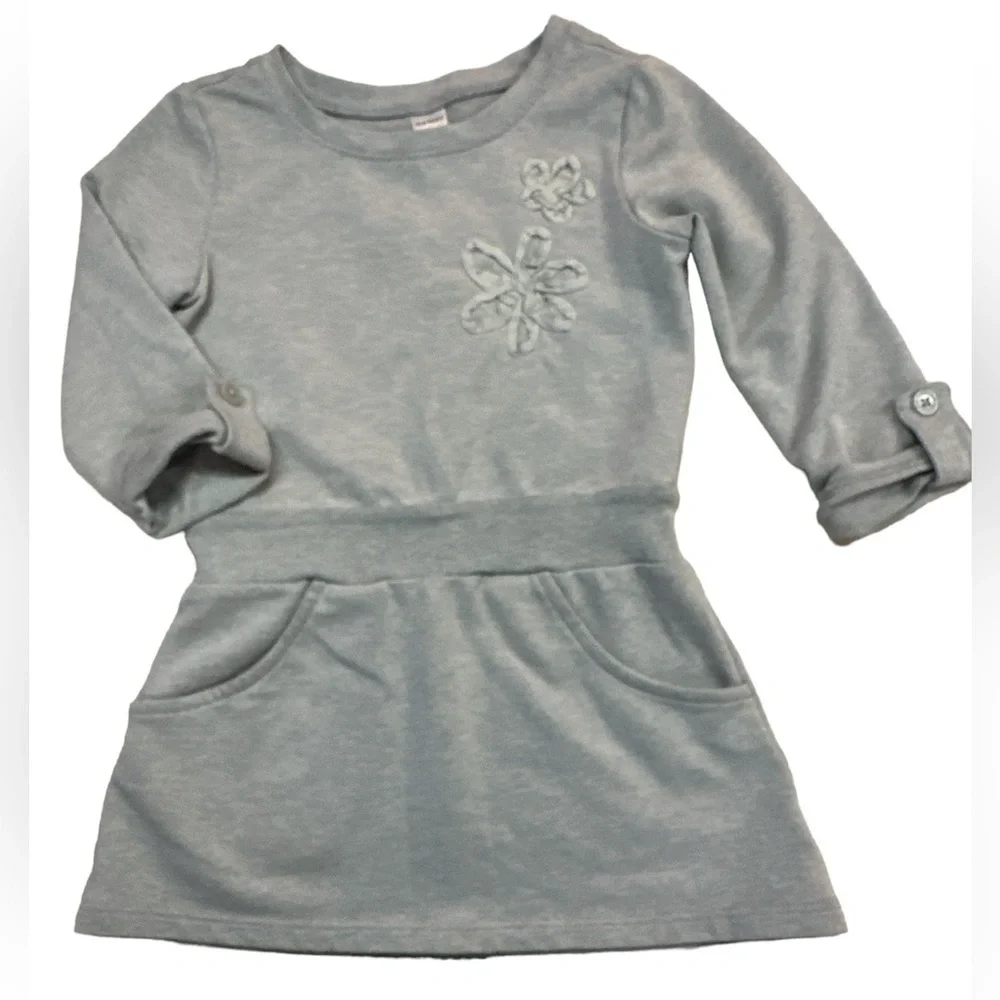 Old Navy Light Grey Girls Sweatshirt Dress Floral Patch Long sleeved 5T